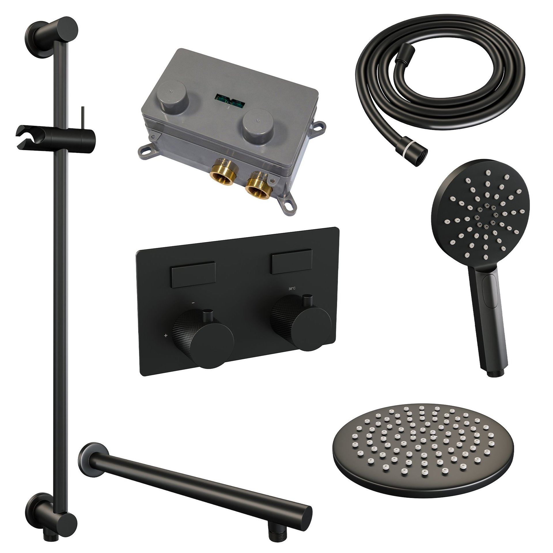 BRAUER Black Carving thermostatische inbouw regendouche met drukknoppen SET 67 met 20 cm douchekop en rechte muurarm en 3-standen handdouche en doucheslang en geïntegreerde glijstang mat zwart
