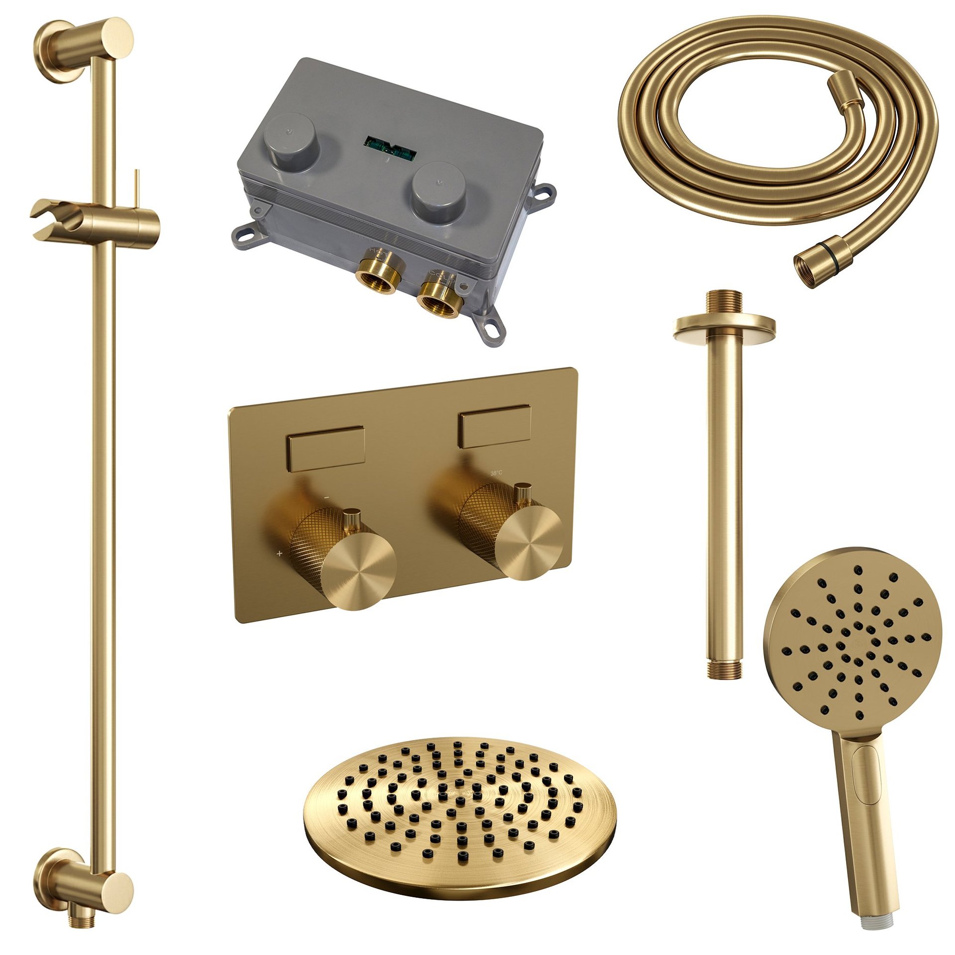 BRAUER Gold Carving thermostatische inbouw regendouche met drukknoppen SET 71 met 20 cm douchekop en plafondarm en 3-standen handdouche en doucheslang en geïntegreerde glijstang goud geborsteld PVD