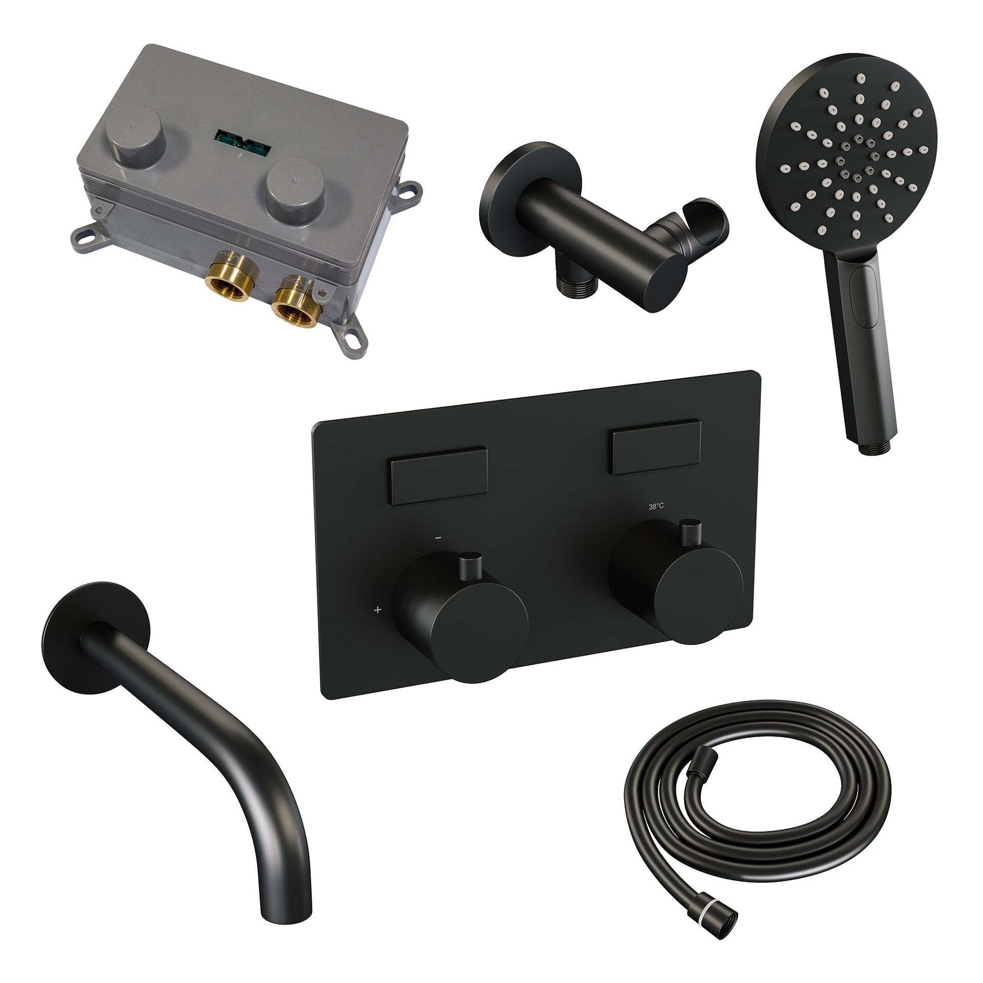 BRAUER Black Edition thermostatische inbouw badkraan met drukknoppen SET 04 met uitloop en 3-standen handdouche en doucheslang en wandaansluitbocht mat zwart