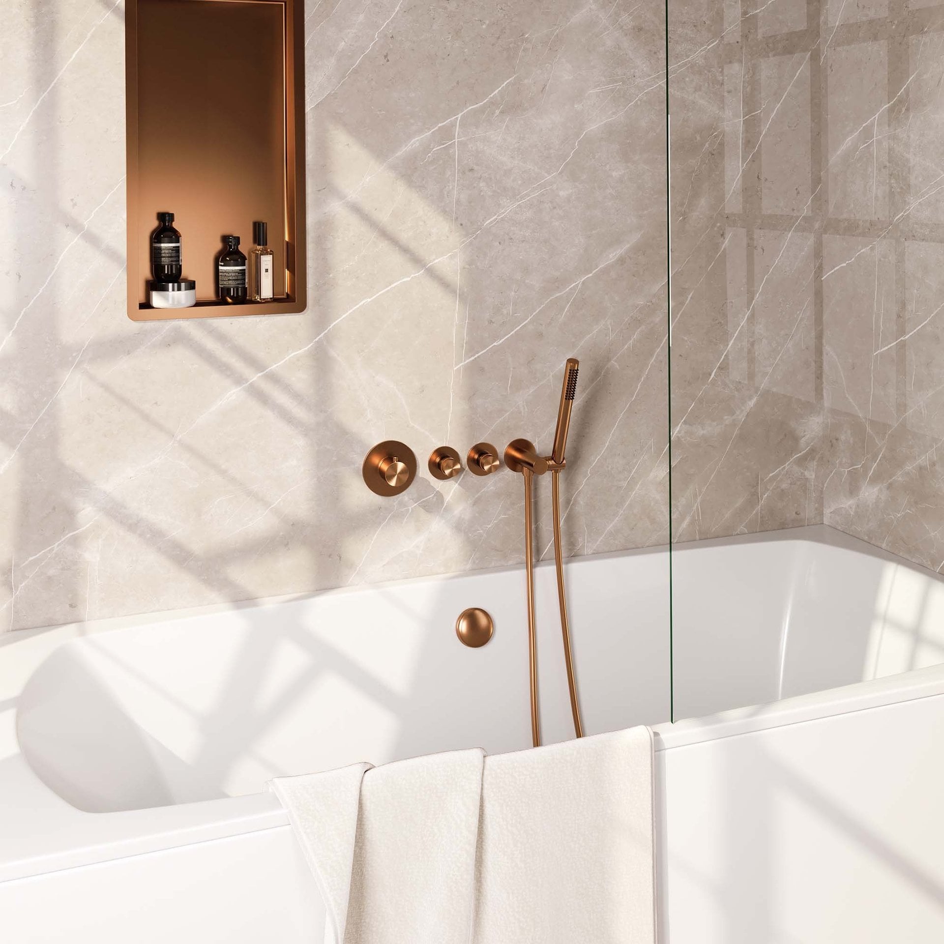 BRAUER Copper Edition thermostatische inbouw badkraan SET 01 met badvulcombinatie en staaf handdouche en doucheslang en wandaansluitbocht koper geborsteld PVD