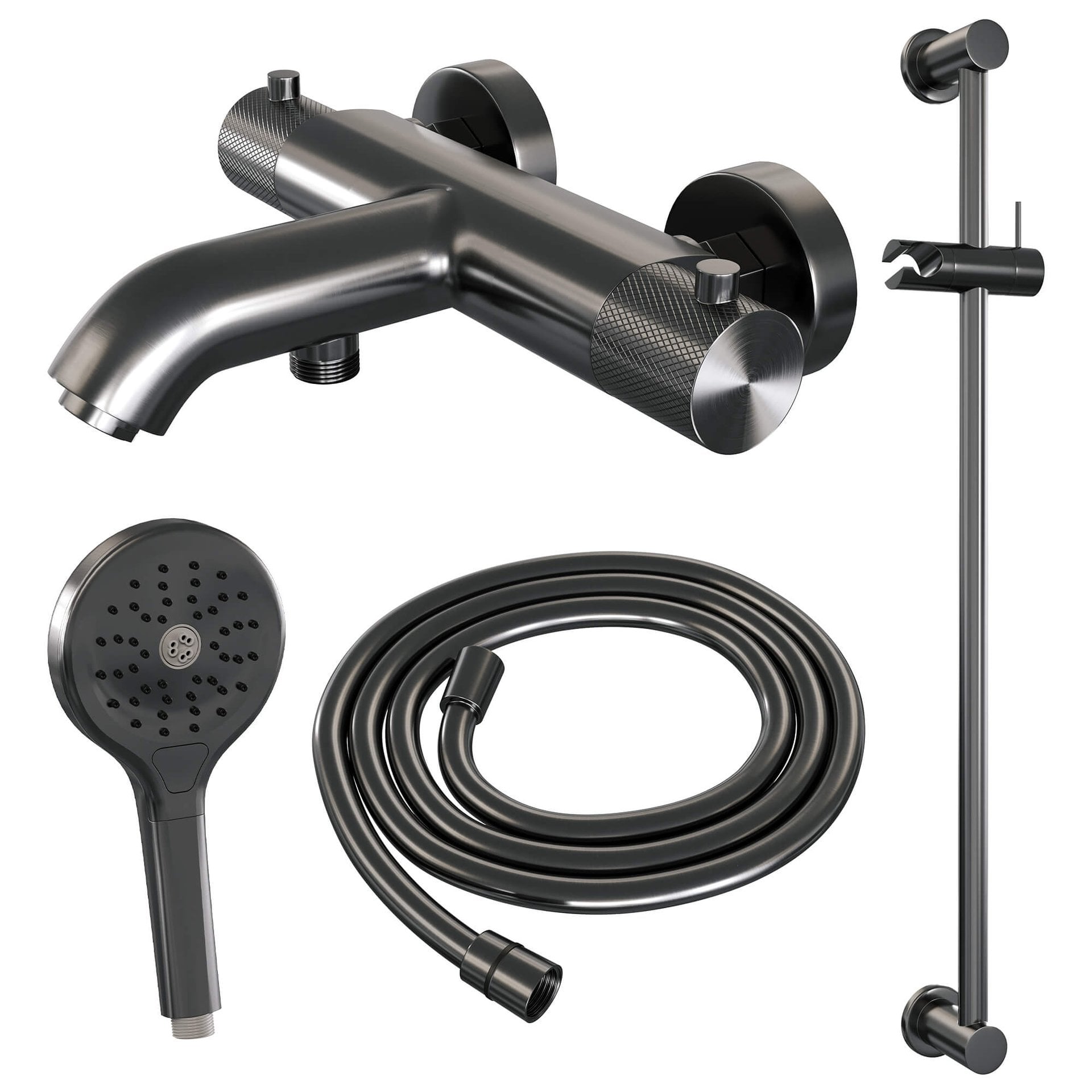 BRAUER Gunmetal Carving opbouw baddouche thermostaatkraan SET 02 met glijstang en 3-standen handdouche en doucheslang gunmetal geborsteld PVD