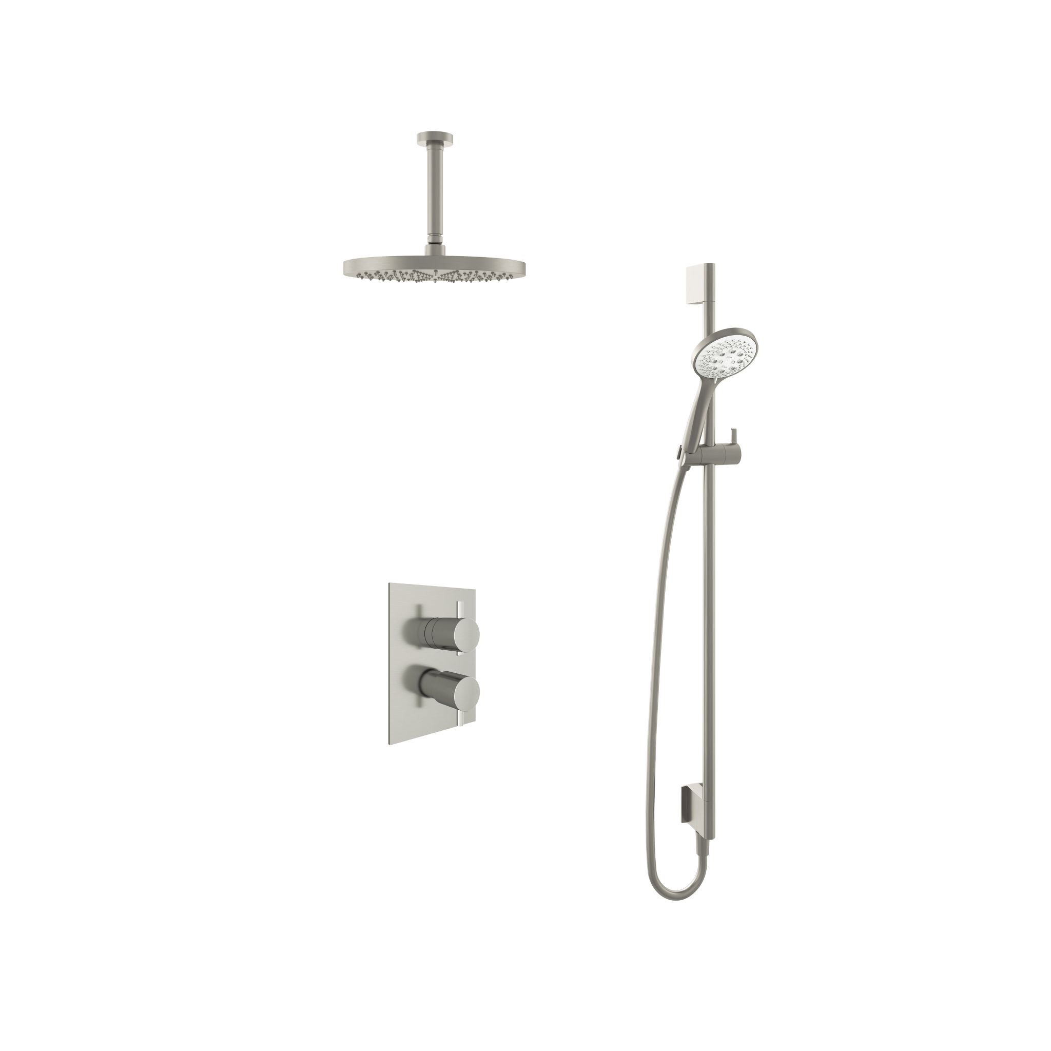 Hotbath Laddy Inbouw Regendoucheset Rond-Vierkant Met 2-Weg-Omstel, Plafondbuis 15cm, Hoofddouche 30cm, 3-Standen Handdouche En Glijstang Geborsteld Nikkel
