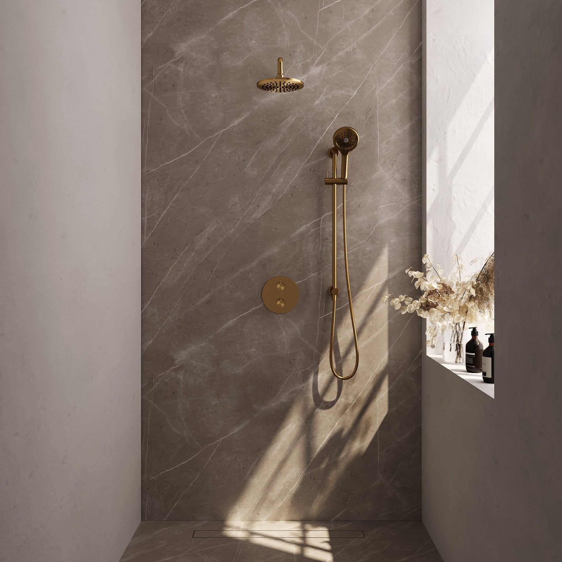 BRAUER Gold Edition thermostatische inbouw regendouche 3-weg rond SET 93 met 20 cm douchekop en gebogen muurarm en 3-standen handdouche en doucheslang en geïntegreerde glijstang goud geborsteld PVD
