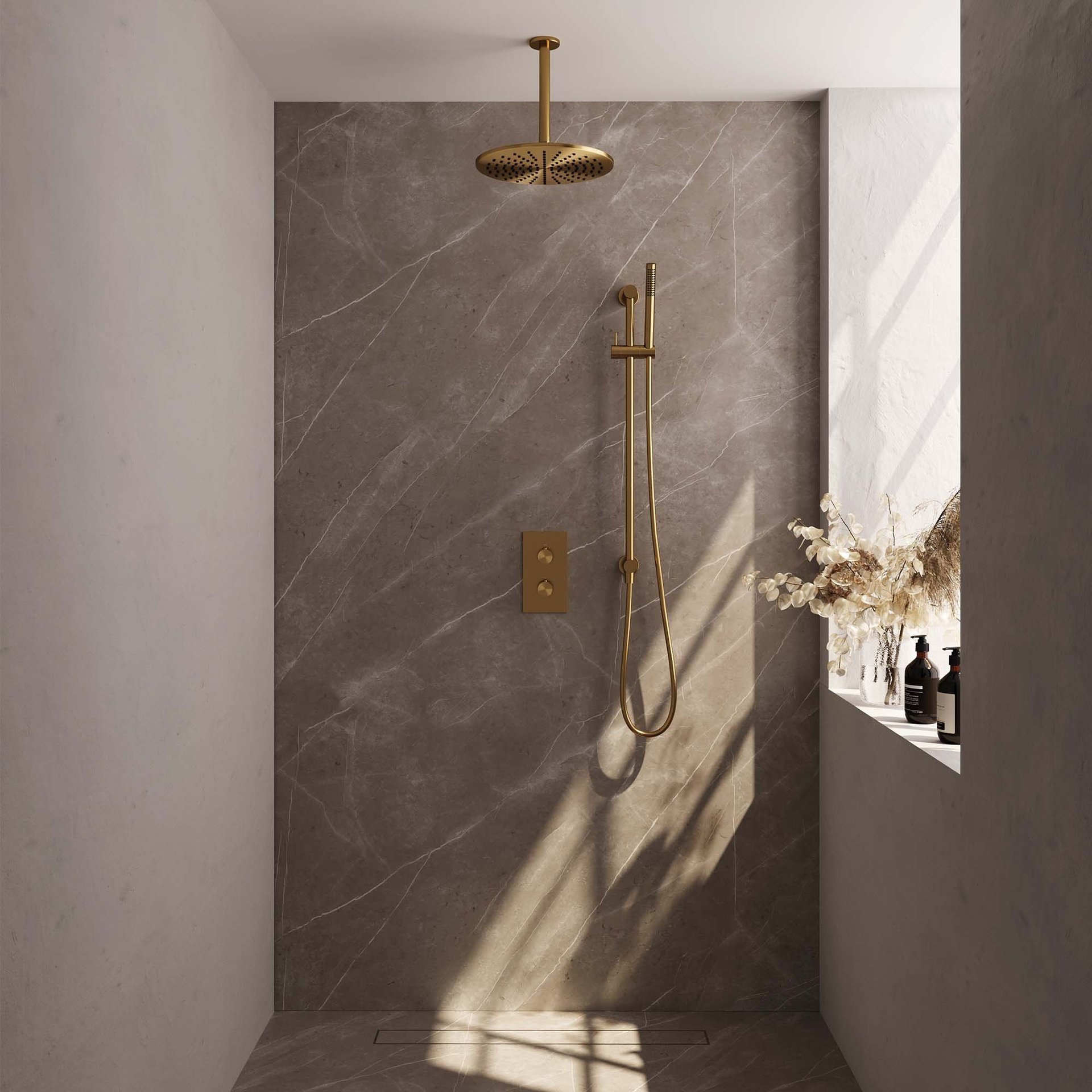 BRAUER Gold Edition thermostatische inbouw regendouche 3-weg rechthoekig SET 42 met 30 cm douchekop en plafondarm en staaf handdouche en doucheslang en geïntegreerde glijstang goud geborsteld PVD
