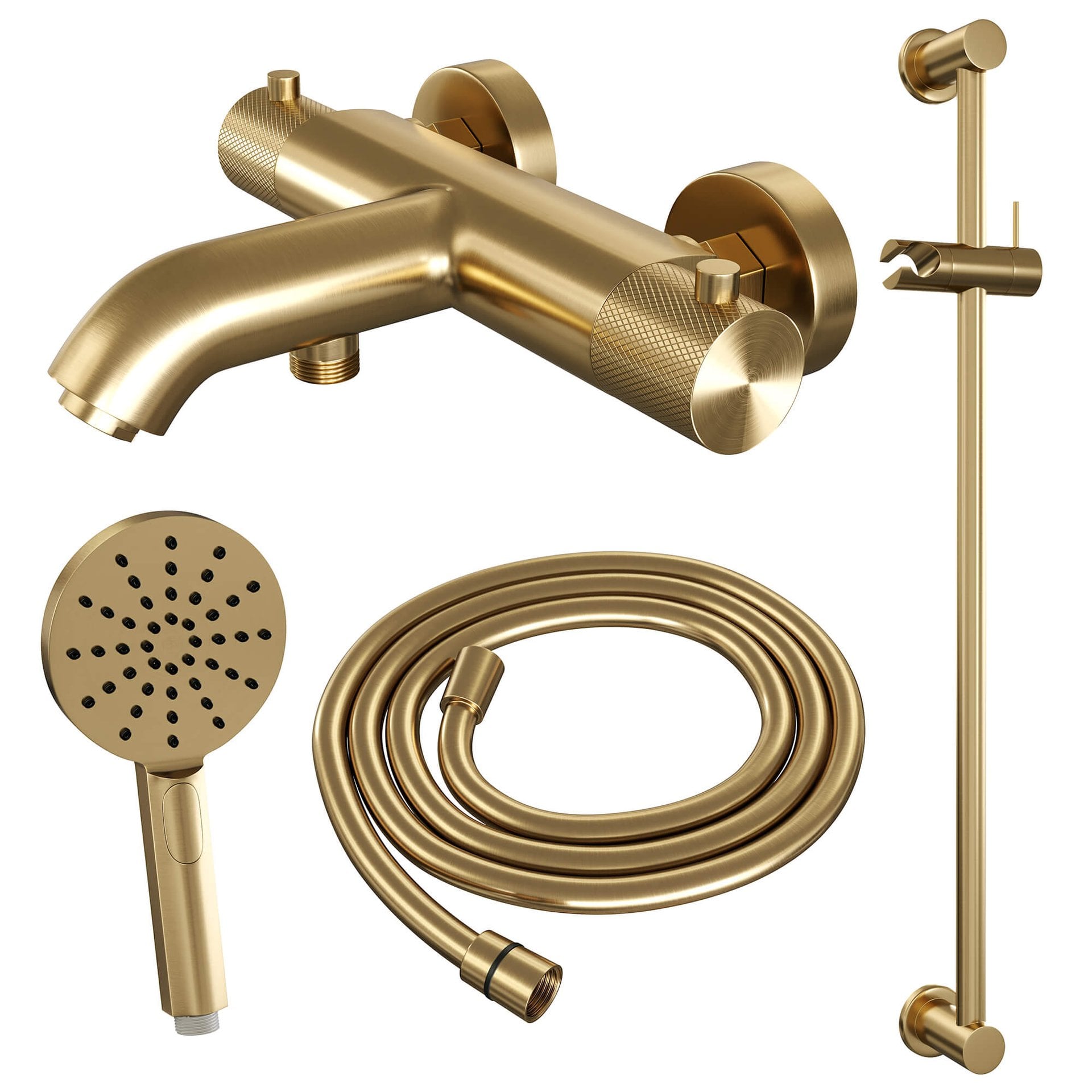 BRAUER Gold Carving opbouw baddouche thermostaatkraan SET 02 met glijstang en 3-standen handdouche en doucheslang goud geborsteld PVD