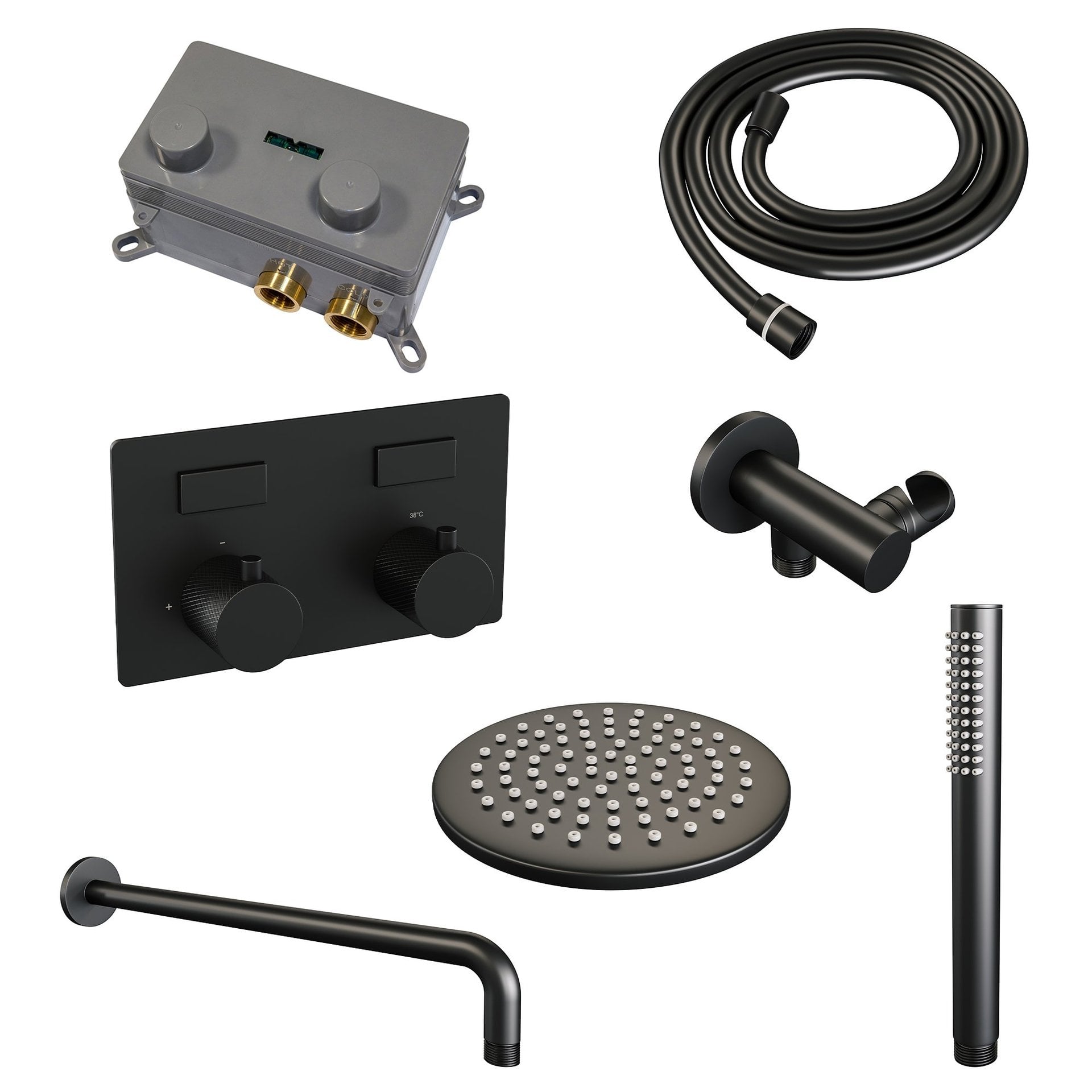 BRAUER Black Carving thermostatische inbouw regendouche met drukknoppen SET 51 met 20 cm douchekop en gebogen muurarm en staaf handdouche en doucheslang en wandaansluitbocht mat zwart