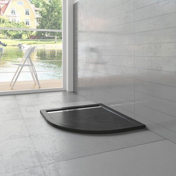 Douchebak Mat Zwart Natuursteen Look Daisy Kwart Rond 90x90 Polystone (Inclusief Sifon)
