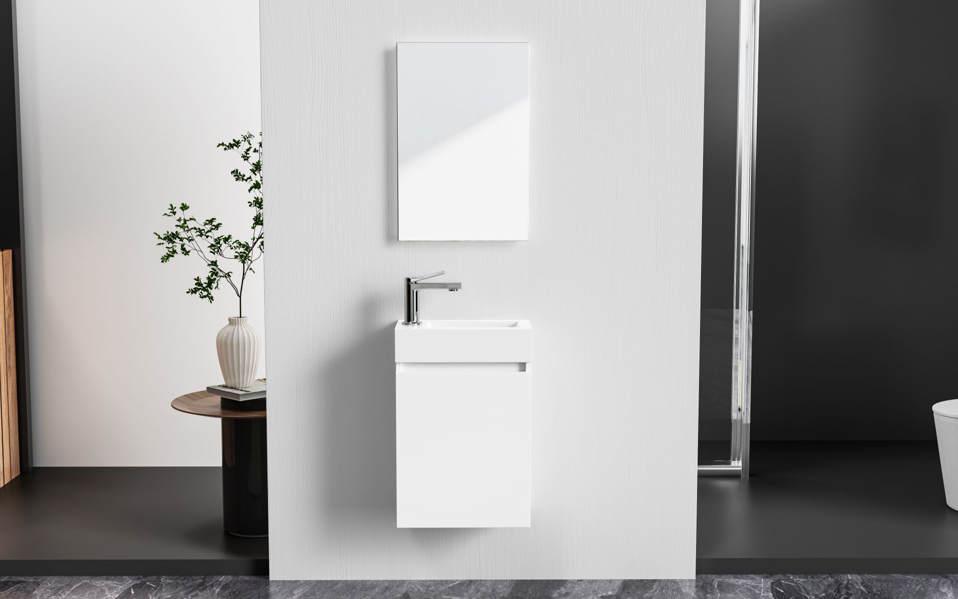 Aloni Zyro Toiletmeubelset - Compleet - Onderkast met 1 Deur - Greeploos - Soft-close - Omkeerbaar - Spiegel- Fontein- 40,5x22,5 cm - Glanzend Wit