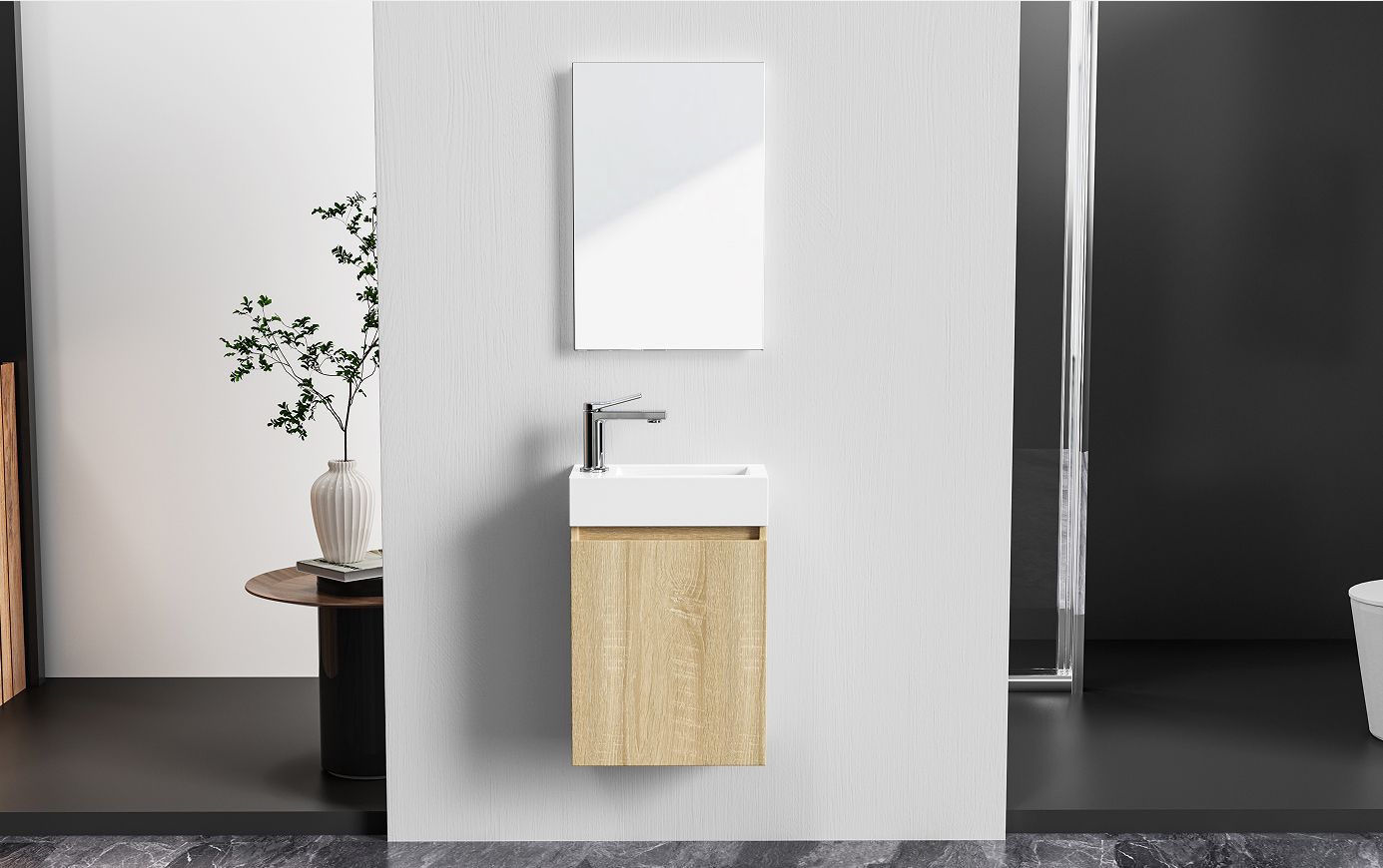 Aloni Zyro Toiletmeubelset - Compleet - Onderkast met 1 Deur - Greeploos - Soft-close - Omkeerbaar - Spiegel- Fontein- 40,5x22,5 cm - Licht Eiken/Glanzend Wit