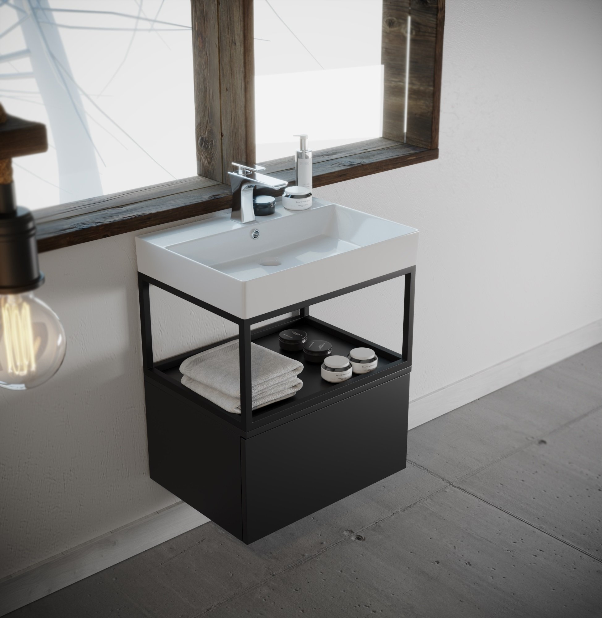 Badkamermeubel Bonero - Mat Zwart - 60x45,5x69cm - Incl. Witte Keramische Wastafel - Voorgemonteerd - Greeploos - 1 Lade - Stalen Frame - MDF