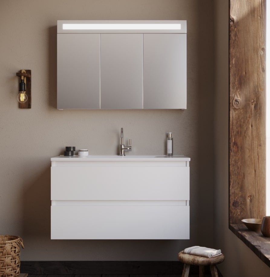 Badkamermeubel Luccine - Wit - 100x45,5x57 cm - Incl. Witte Keramische Wastafel - Voorgemonteerd - Greeploos - 2 Lades - MDF