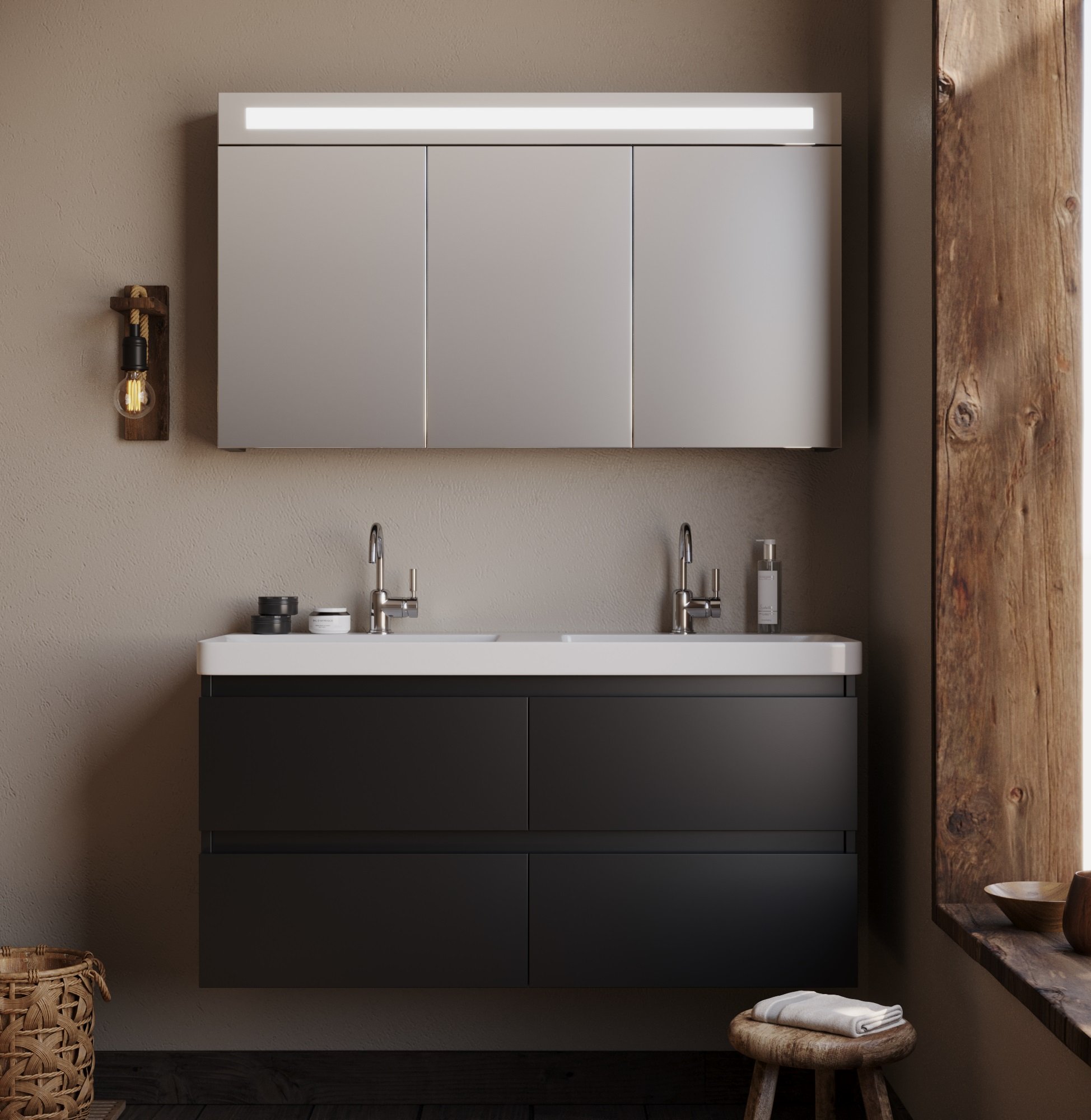 Badkamermeubel Vinero - Mat Zwart - 120x45,5x57cm - Incl. Witte Keramische Wastafel - Voorgemonteerd - Greeploos - 4 Lades- MDF