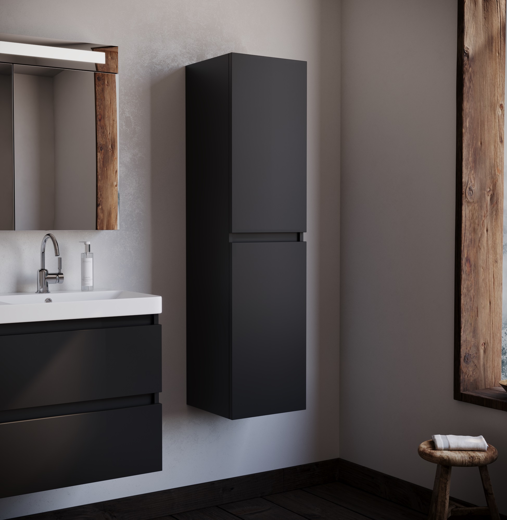 Kolomkast Vinero - Mat Zwart - 35x33x138cm - Voorgemonteerd -  Greeploos - 2 Deuren - MDF - Links en Rechts