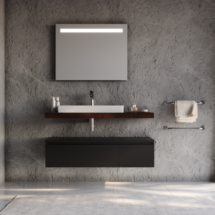 Badkamermeubel Amici - Mat Zwart - 120x50x31.8cm - Incl. Witte Keramische Wastafel - Voorgemonteerd - Greeploos - 2 Lades - MDF