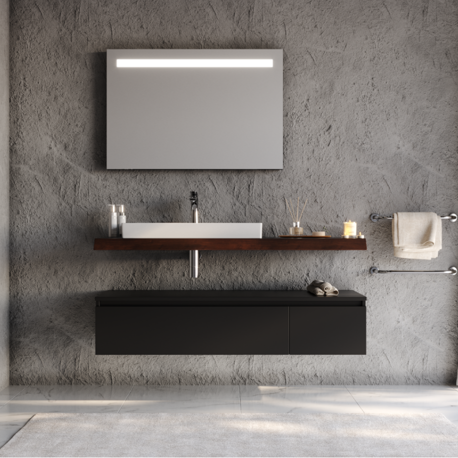 Badkamermeubel Amici - Mat Zwart - 140x50x31.8cm - Incl. Witte Keramische Wastafel - Voorgemonteerd - Greeploos - 2 Lades - MDF