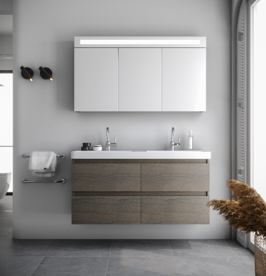 Badkamermeubel Bellino - Houtnerf Grijs - 120x45,5x57cm - Incl. Witte Keramische Wastafel - Voorgemonteerd - Greeploos - 4 Lades - MDF