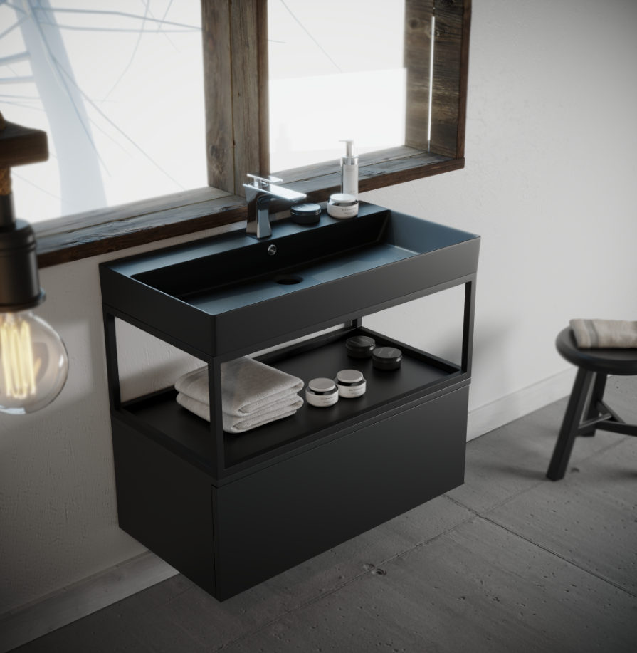 Badkamermeubel Bonero - Mat Zwart - 85x45,5x69cm - Incl. Mat Zwarte Keramische Wastafel - Voorgemonteerd - Greeploos - 1 Lade - Stalen Frame - MDF