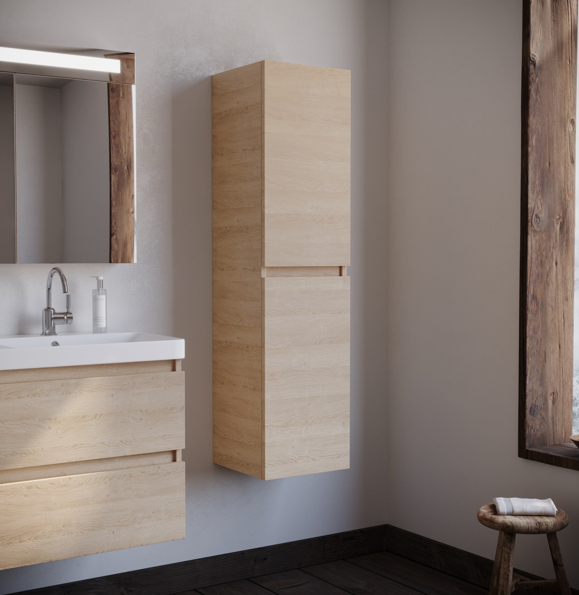 Kolomkast Emilia - Licht Eiken - 35x35x138 cm - Voorgemonteerd - Greeploos - 2 Deuren - MDF - Links en Rechts