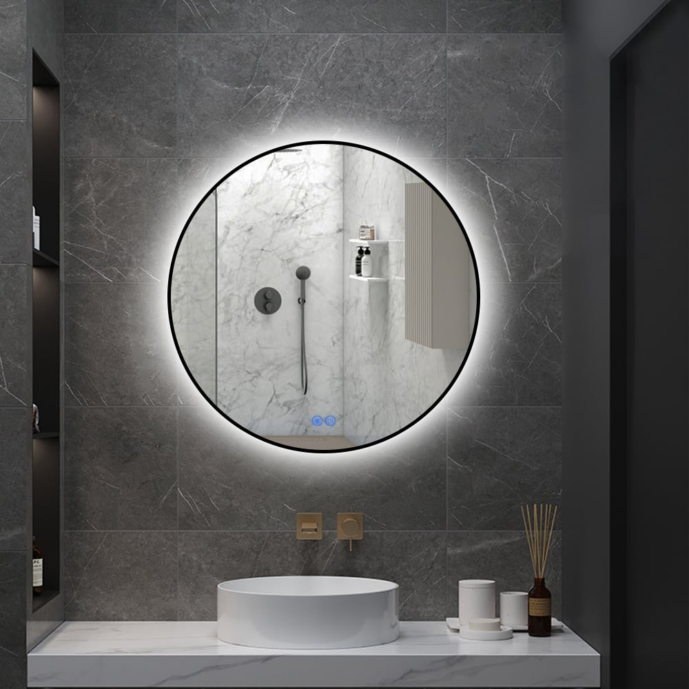 Badkamerspiegel - Sunlight - Rond - Zwarte Rand - 80cm - Spiegelverwarming - 3-standen Dimbare LED Verlichting - Touch Sensor