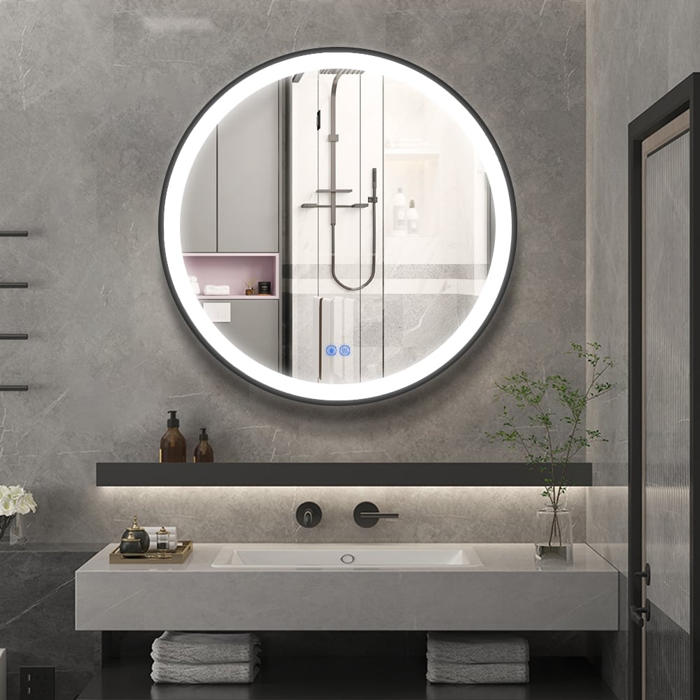 Badkamerspiegel - Starlight - Rond - Zwarte Rand - 100cm - Spiegelverwarming - 3-standen Dimbare LED Verlichting - Touch Sensor