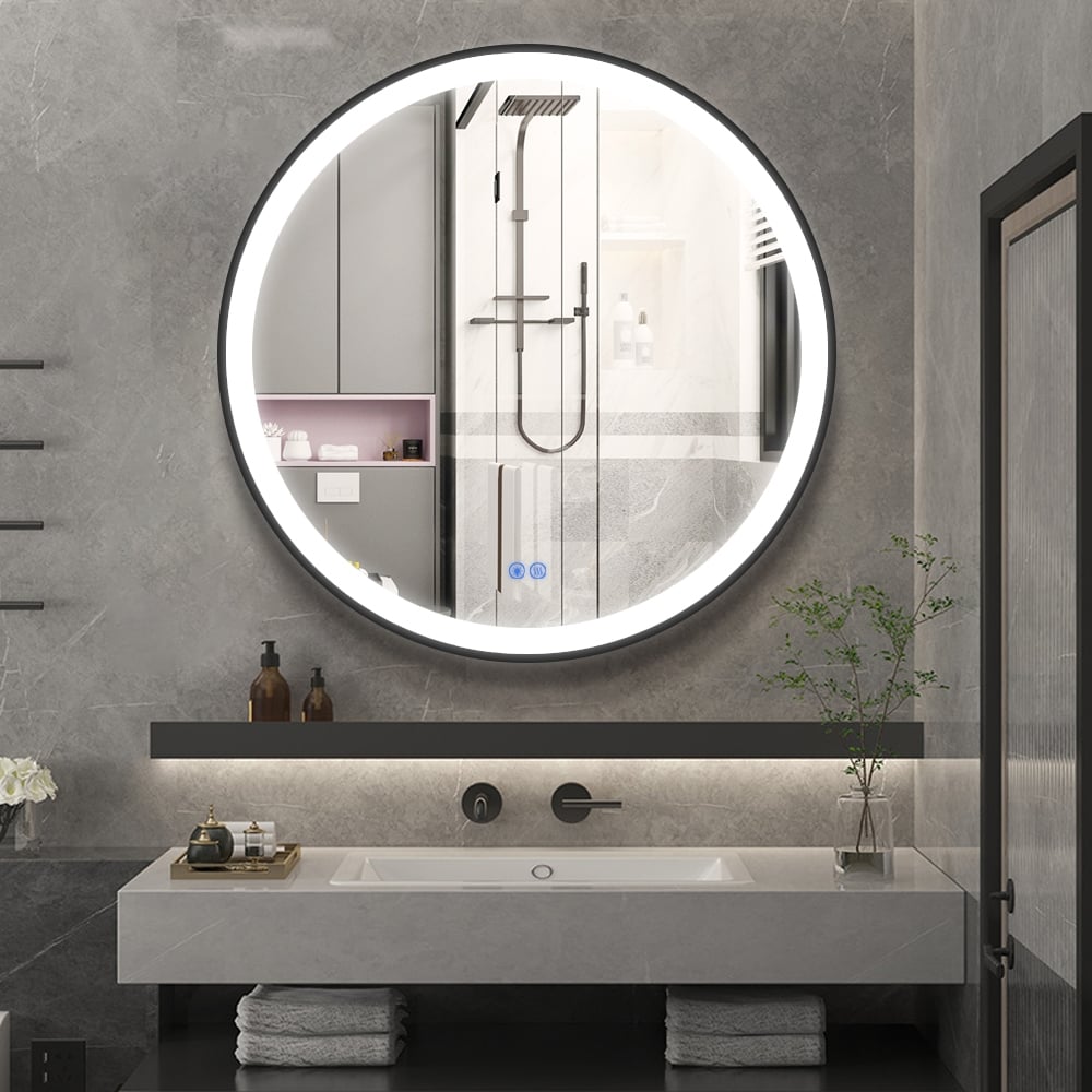 Badkamerspiegel - Starlight - Rond - Zwarte Rand - 120cm - Spiegelverwarming - 3-standen Dimbare LED Verlichting - Touch Sensor