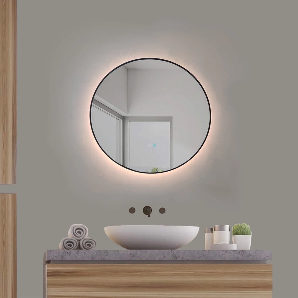 Badkamerspiegel - Sunlight - Rond - Zwarte Rand - 60cm - Spiegelverwarming - 3-standen Dimbare LED Verlichting - Touch Sensor