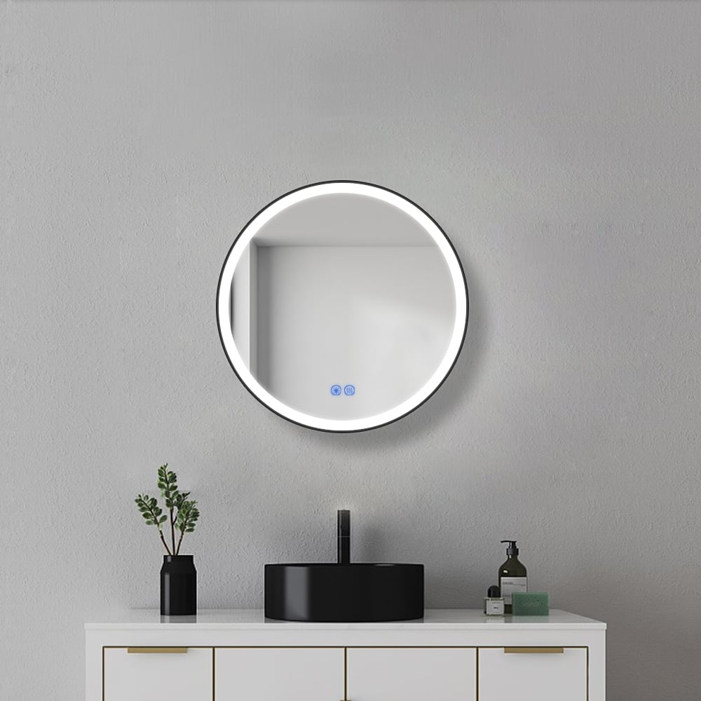 Badkamerspiegel - Starlight - Rond - Zwarte Rand - 60cm - Spiegelverwarming - 3-standen Dimbare LED Verlichting - Touch Sensor