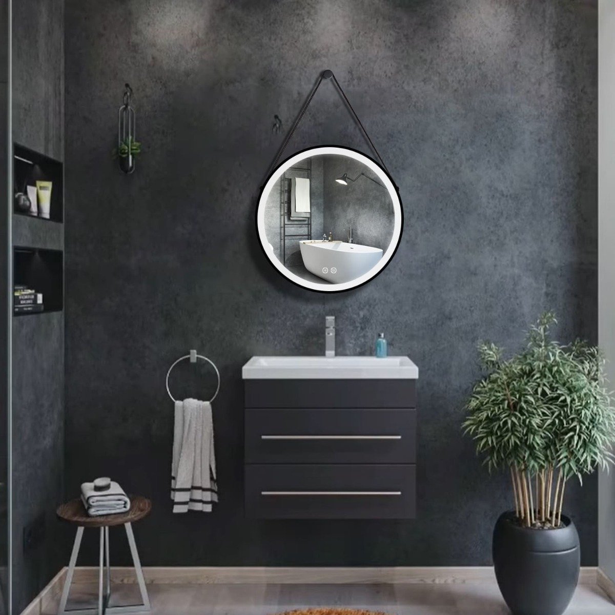 Badkamerspiegel - Starlight - Rond met Leren Band - Zwarte Rand - 60cm - Spiegelverwarming - 3-standen Dimbare LED Verlichting - Touch Sensor