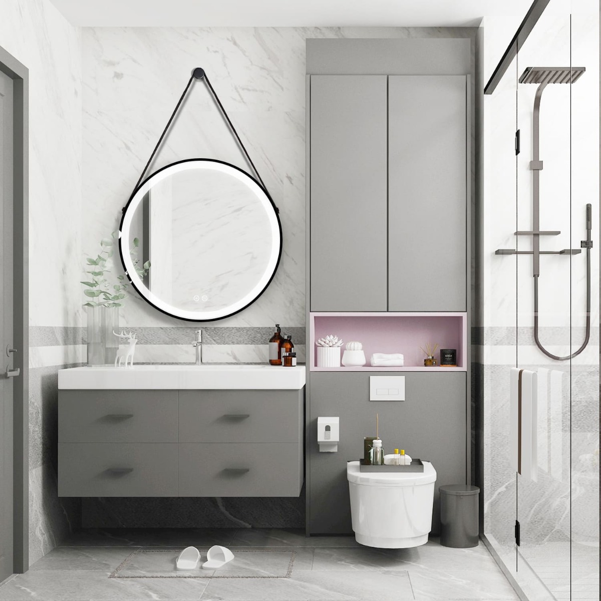 Badkamerspiegel - Starlight - Rond met Leren Band - Zwarte Rand - 80cm - Spiegelverwarming - 3-standen Dimbare LED Verlichting - Touch Sensor