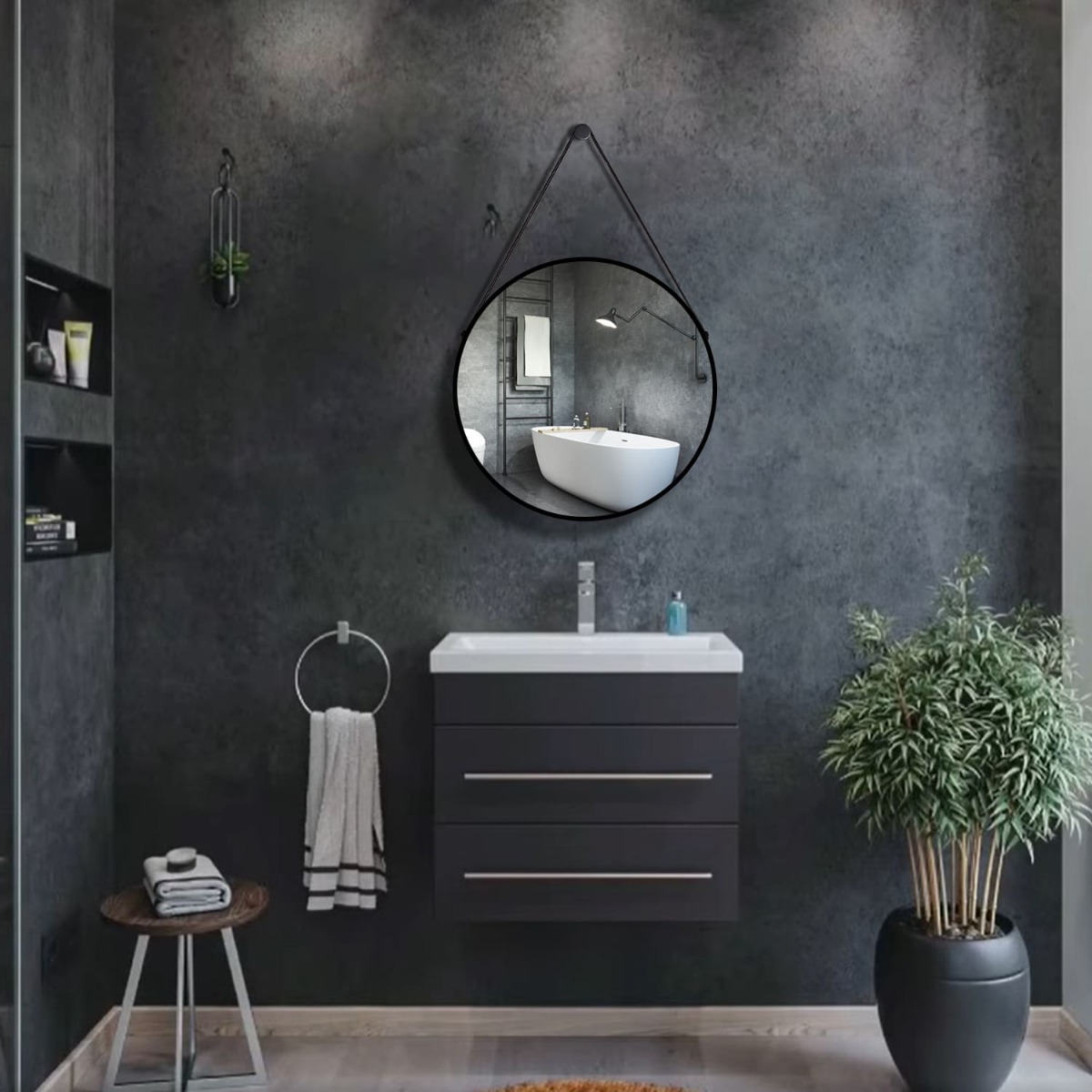 Spiegel - Daylight - Rond met Leren Band - Zwarte Rand - 60cm