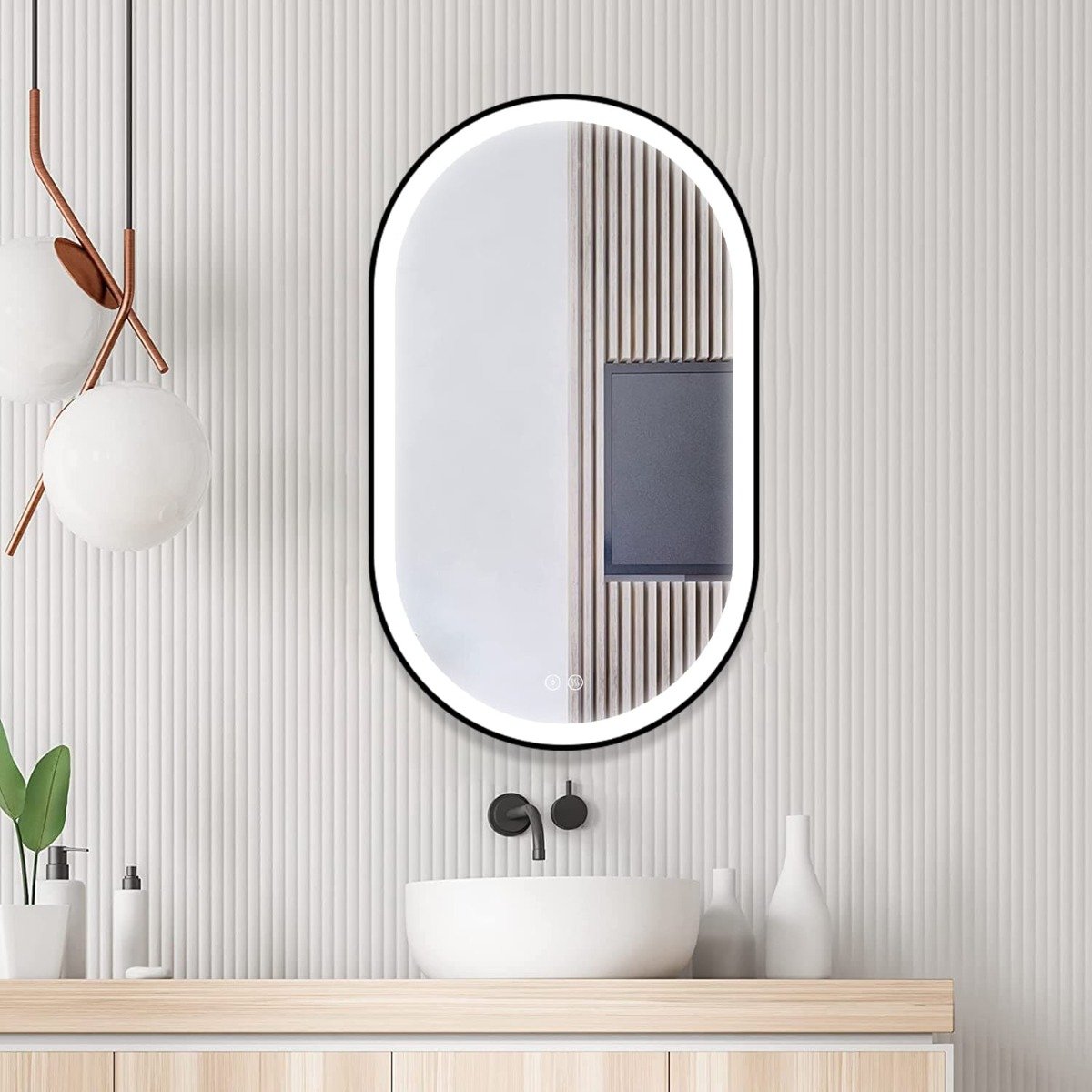 Badkamerspiegel - Starlight - Ovaal - Zwarte Rand - 80x120cm - Spiegelverwarming - 3-standen Dimbare LED Verlichting - Touch Sensor