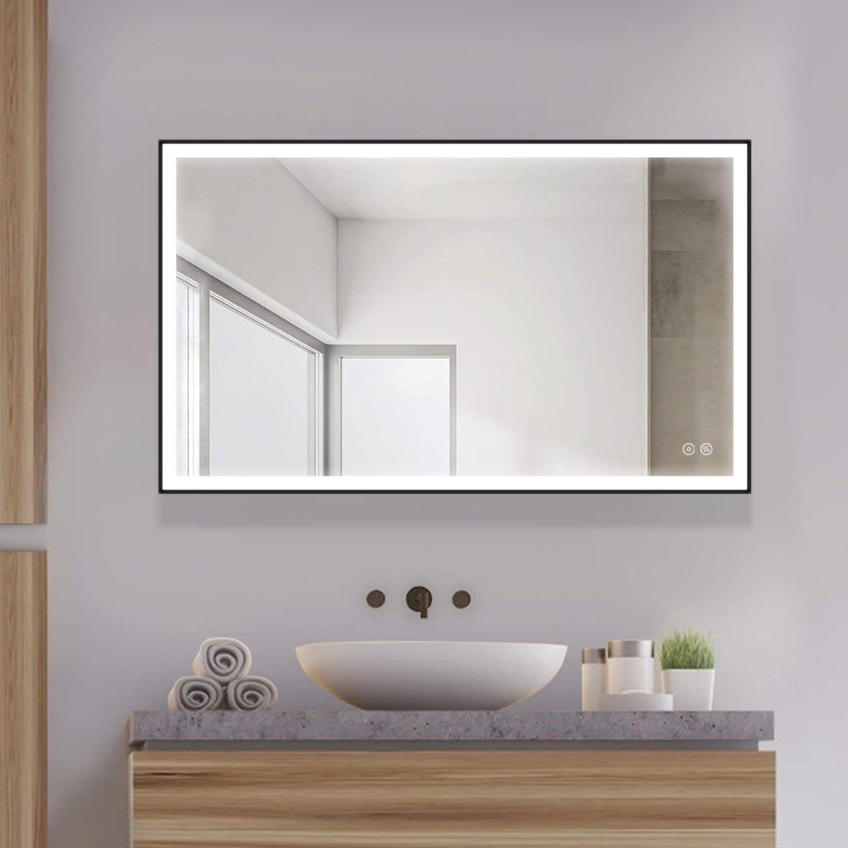 Badkamerspiegel - Starlight - Rechthoek - Zwarte Rand - 100x60cm - Spiegelverwarming - 3-standen Dimbare LED Verlichting - Touch Sensor