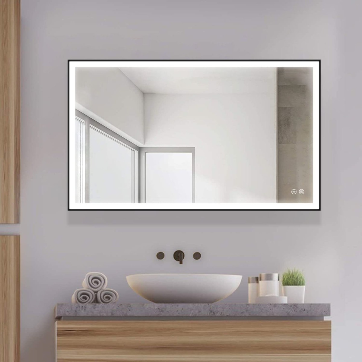 Badkamerspiegel - Starlight - Rechthoek - Zwarte Rand - 100x60cm - Spiegelverwarming - 3-standen Dimbare LED Verlichting - Touch Sensor