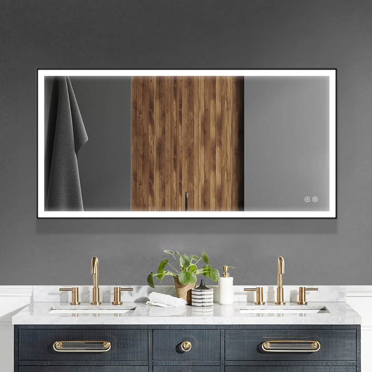 Badkamerspiegel - Starlight - Rechthoek - Zwarte Rand - 120x60cm - Spiegelverwarming - 3-standen Dimbare LED Verlichting - Touch Sensor