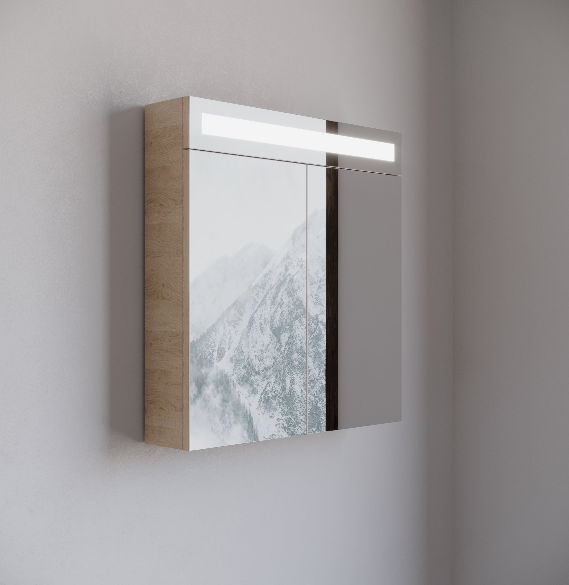 Spiegelkast / Badkamerkast Emilia - Licht Eiken - 65x68x14,5cm - LED Verlichting - Voorgemonteerd - 2 Deurs - Tuimelschakelaar