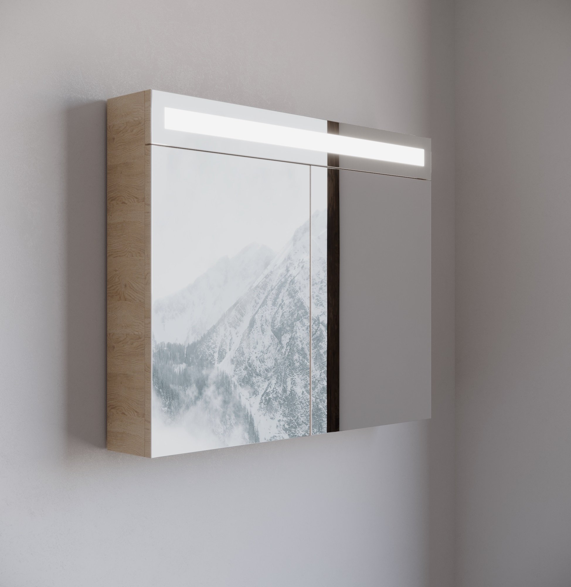 Spiegelkast / Badkamerkast Emilia - Licht Eiken - 85x68x14,5cm - LED Verlichting - Voorgemonteerd - 2 Deurs - Tuimelschakelaar